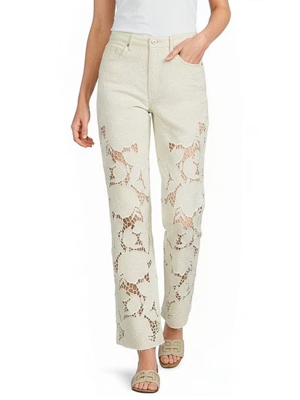 Bayeas Cream Crochet Cutout Jeans